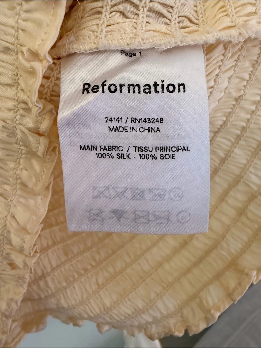 Reformation Silk Smocked Puff Sleeve Top Butter Yellow XS